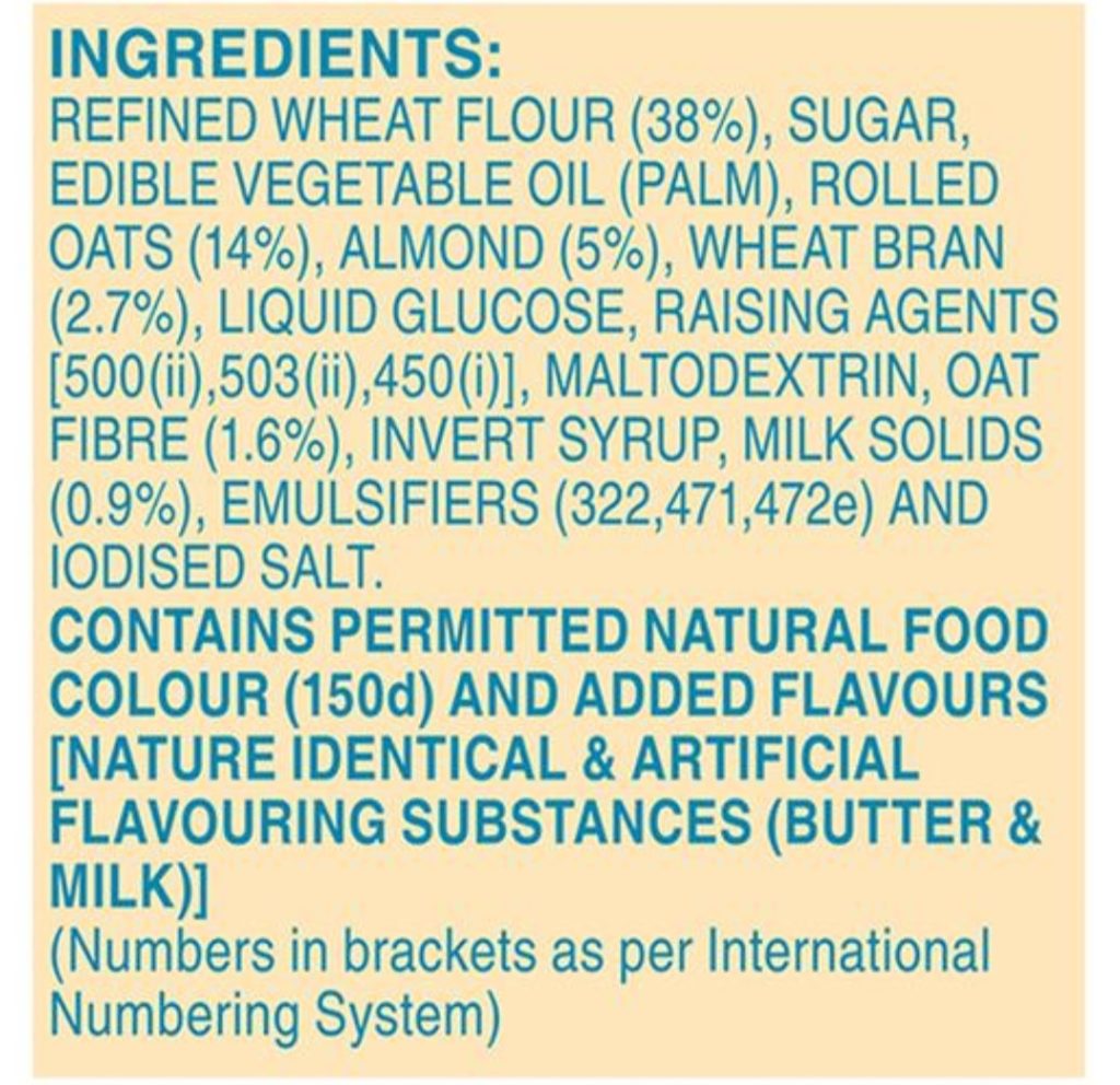 Ingredient list of Oats biscuit package food