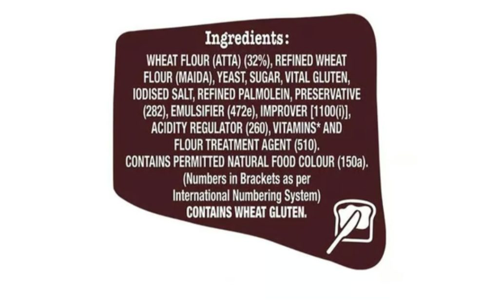Ingredient list of brown bread package food