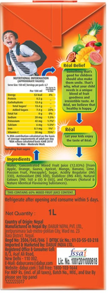 Ingredient list of fruit juice package food